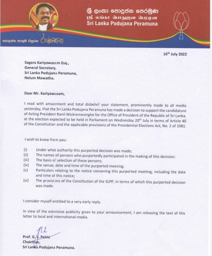 The decision to Support Ranil: SLPP Chairman Objects and Six Questions for the General Secretary